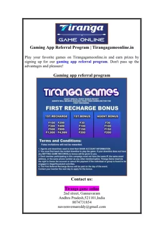 Gaming App Referral Program | Tirangagameonline.in