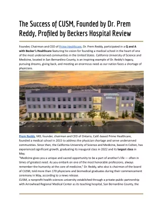 The Success of CUSM, Founded by Dr. Prem Reddy, Profiled by Beckers Hospital Review