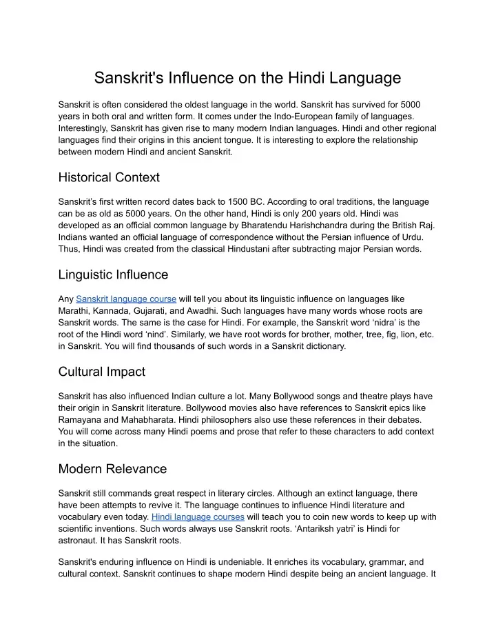 sanskrit s influence on the hindi language