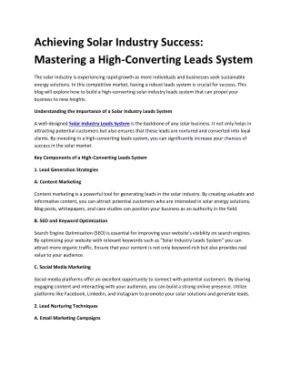 Achieving Solar Industry Success Mastering a High-Converting Leads System