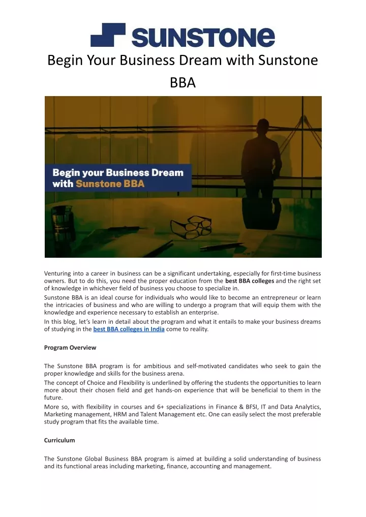 begin your business dream with sunstone bba