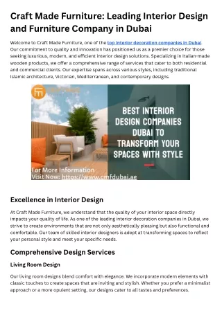 Craft Made Furniture Leading Interior Design and Furniture Company in Dubai