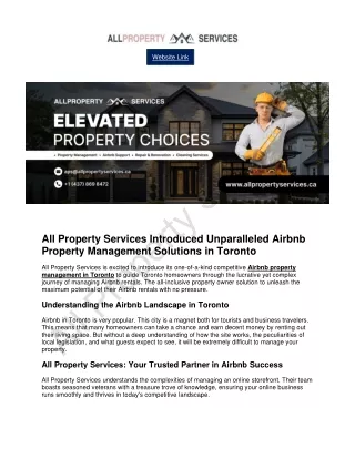 All Property Services Introduced Unparalleled Airbnb Property Management Solutions in Toronto