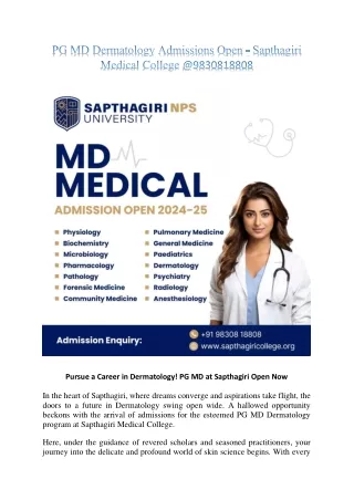 Pursue a Career in Dermatology! PG MD at Sapthagiri Open Now