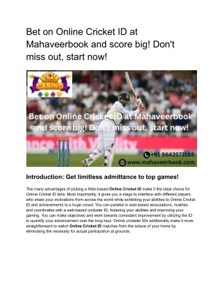 Bet on Online Cricket ID at Mahaveerbook and score big! Don't miss out, start now!