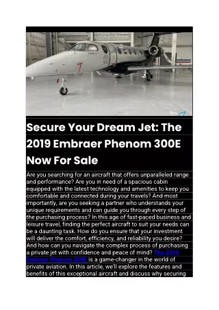 The 2019 Embraer Phenom 300E Now For Sale