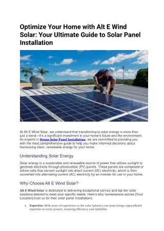 Optimize Your Home with Alt E Wind Solar  Your Ultimate Guide to Solar Panel Installation