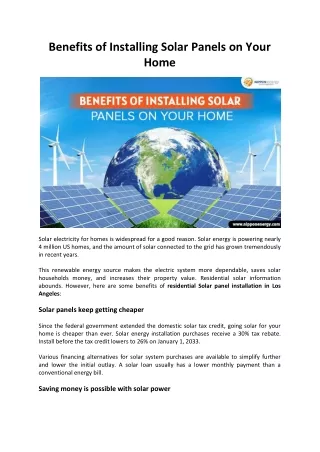 Benefits of Installing Solar Panels on Your Home