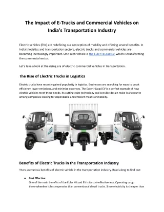 The Impact of E-Trucks and Commercial Vehicles on India's Transportation Industry