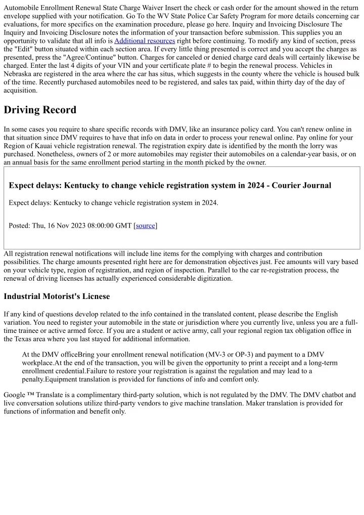 automobile enrollment renewal state charge waiver