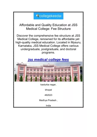 Affordable and Quality Education at JSS Medical College Fee Structure