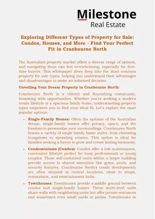 Exploring Different Types of Property for Sale- Condos, Houses, and More - Find Your Perfect Fit in Cranbourne North