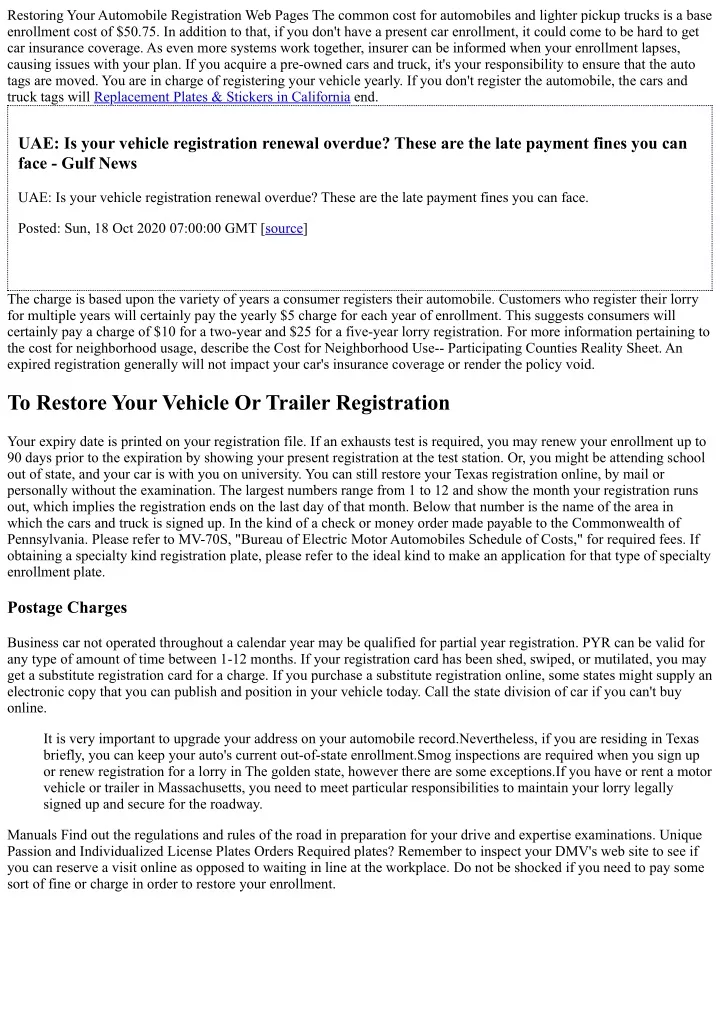 restoring your automobile registration web pages