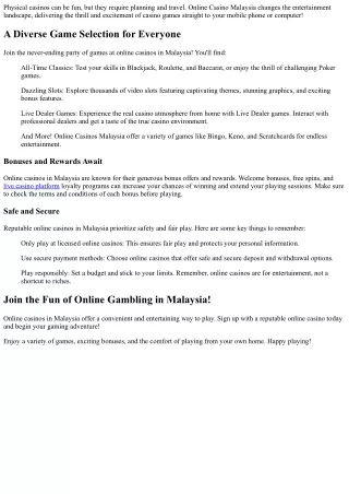 Online Casino Malaysia: Limitless Entertainment at Your Doorstep ����