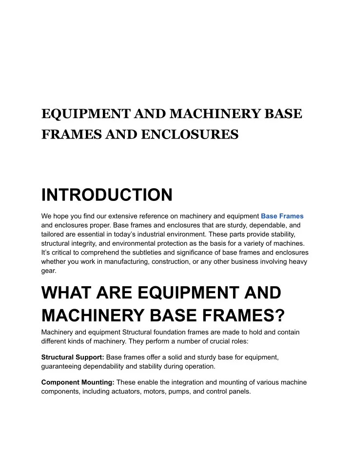 equipment and machinery base frames and enclosures