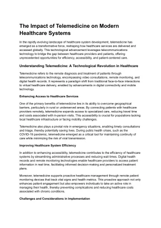 The Impact of Telemedicine on Modern Healthcare Systems