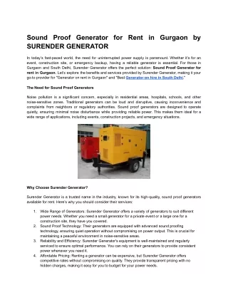 Sound Proof Generator for Rent in Gurgaon by SURENDER GENERATOR