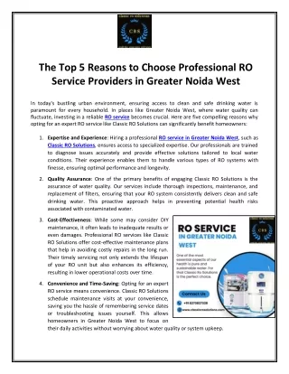 The Top 5 Reasons to Choose Professional RO Service Providers in Greater Noida West