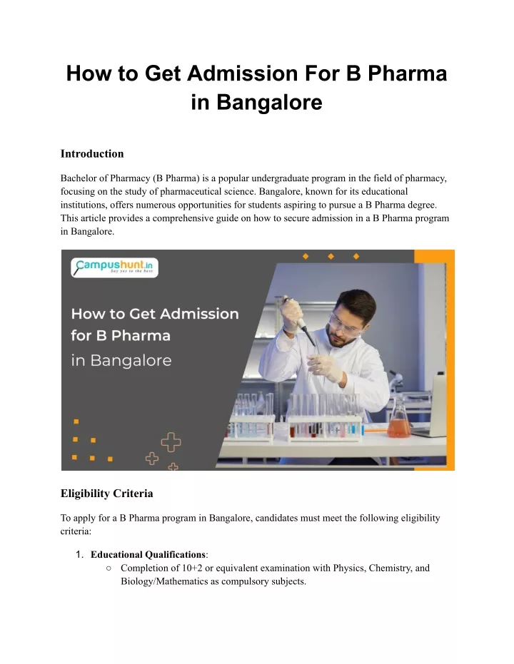 how to get admission for b pharma in bangalore