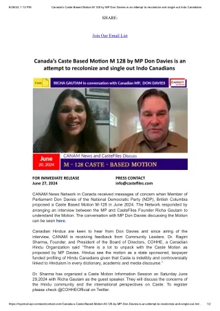 Canada’s Caste Based Motion M 128 by MP Don Davies is an  attempt to recolonize