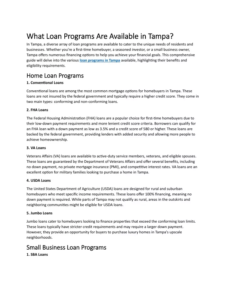 what loan programs are available in tampa what