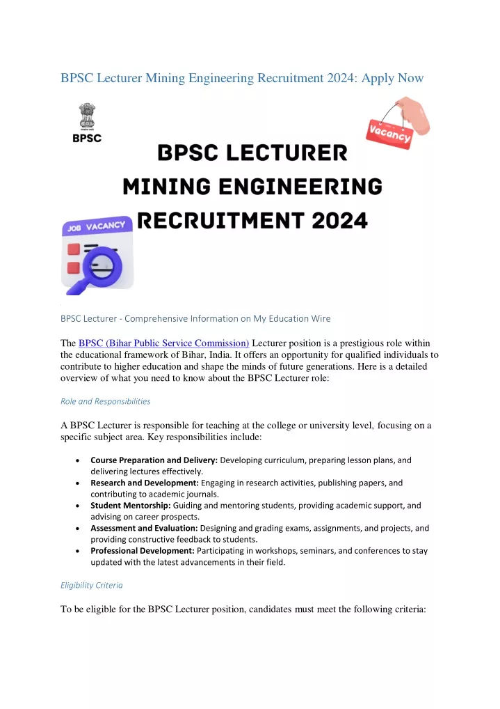 bpsc lecturer mining engineering recruitment 2024