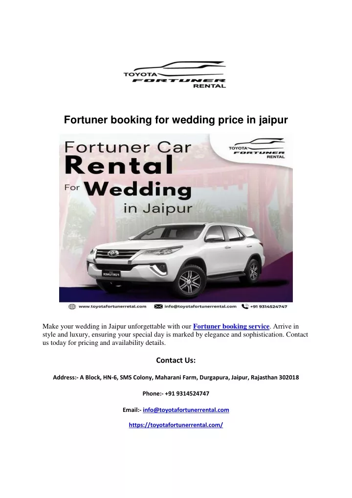 fortuner booking for wedding price in jaipur