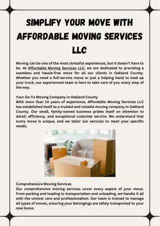 Simplify Your Move with Affordable Moving Services LLC