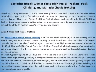Exploring Nepal Everest Three High Passes Trekking, Peak Climbing, and Manaslu Circuit Trekking