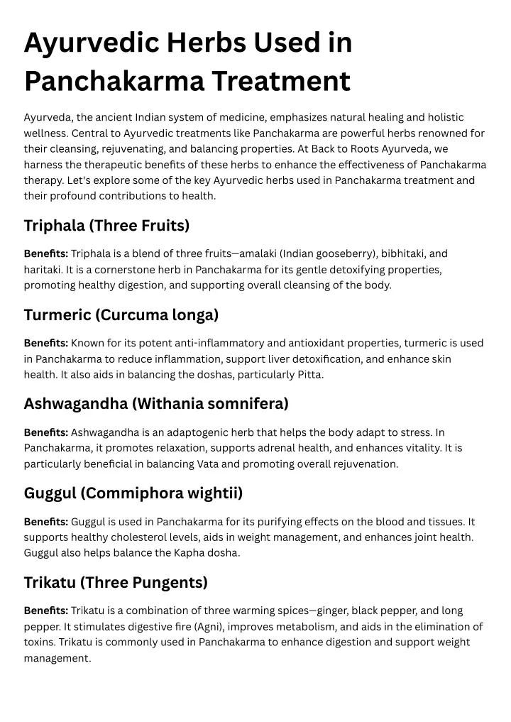 ayurvedic herbs used in panchakarma treatment