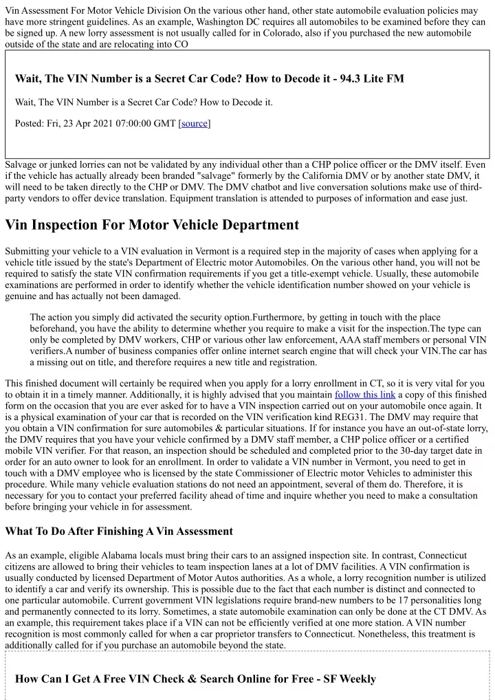 vin assessment for motor vehicle division