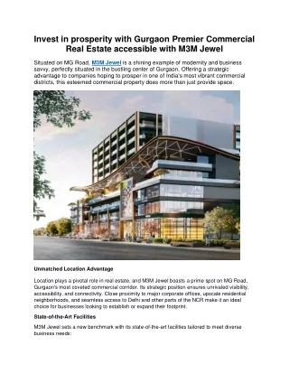 Invest in prosperity with Gurgaon Premier Commercial Real Estate accessible with M3M Jewel