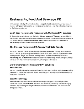 Restaurants, Food And Beverage PR