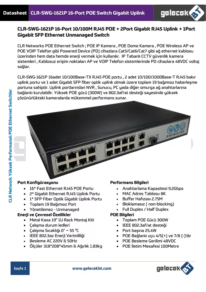 datasheet clr swg 1621p 16 port poe switch