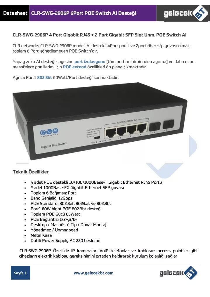 datasheet clr swg 2906p 6port poe switch ai deste