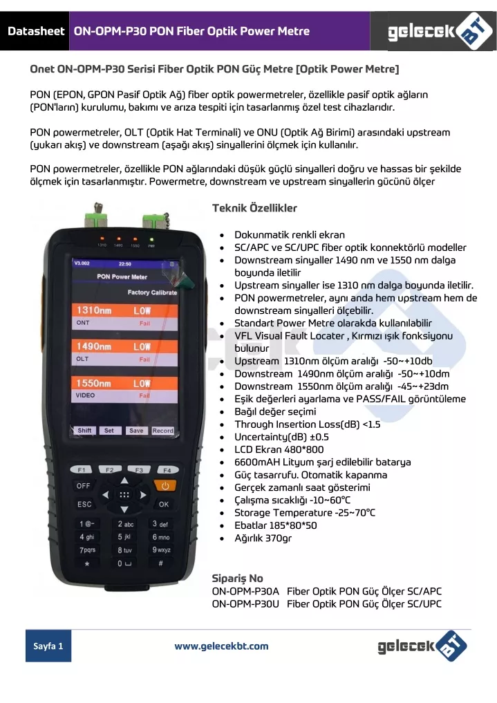 datasheet on opm p30 pon fiber optik power metre