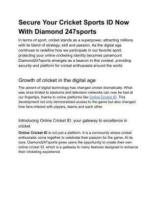 Secure Your Cricket Sports ID Now With Diamond247sports