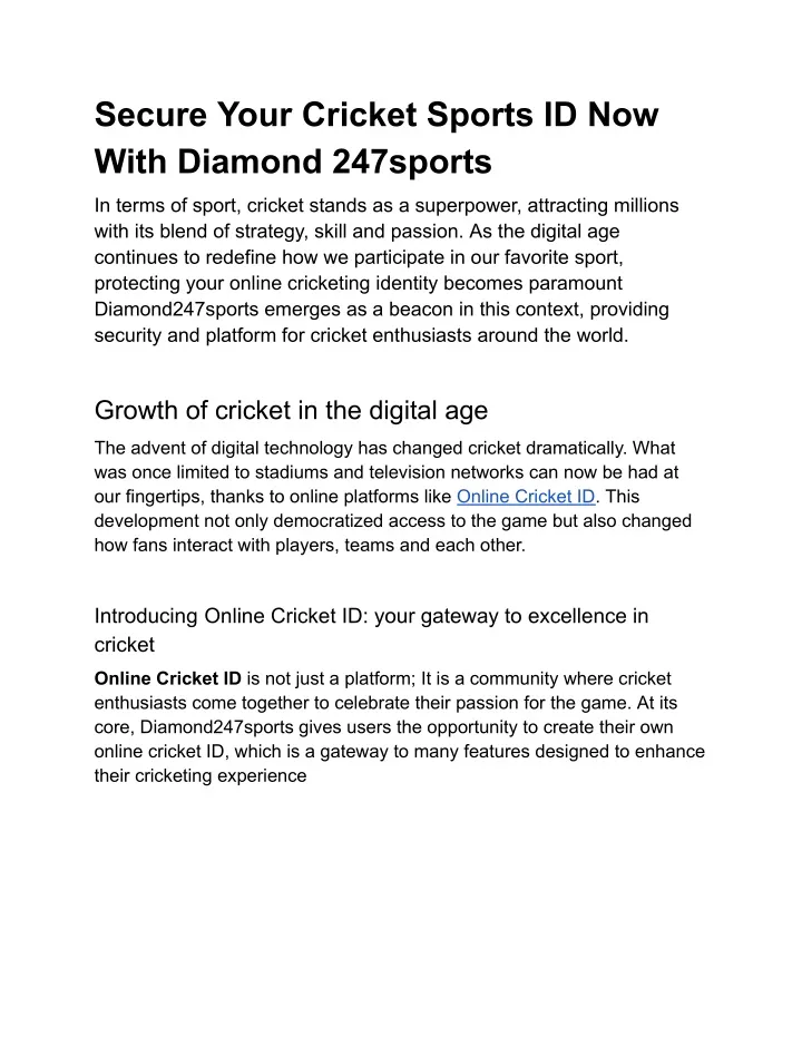 secure your cricket sports id now with diamond