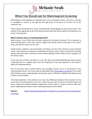 When You Should opt for Mammogram Screening