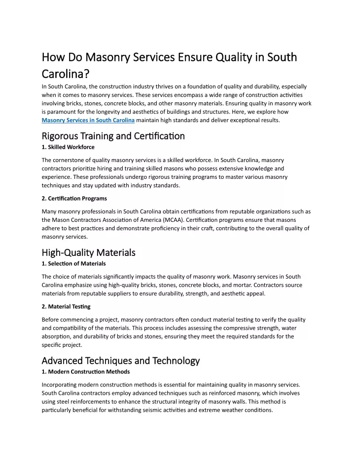 how do masonry services ensure quality in south