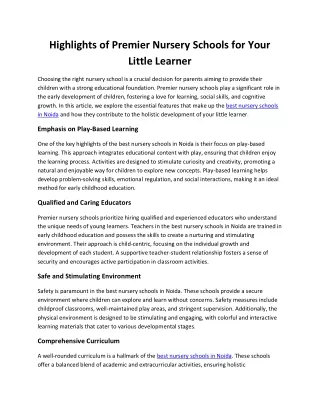 Highlights of Premier Nursery Schools for Your Little Learner