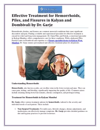 Effective Treatment for Hemorrhoids in Kalyan Mumbai
