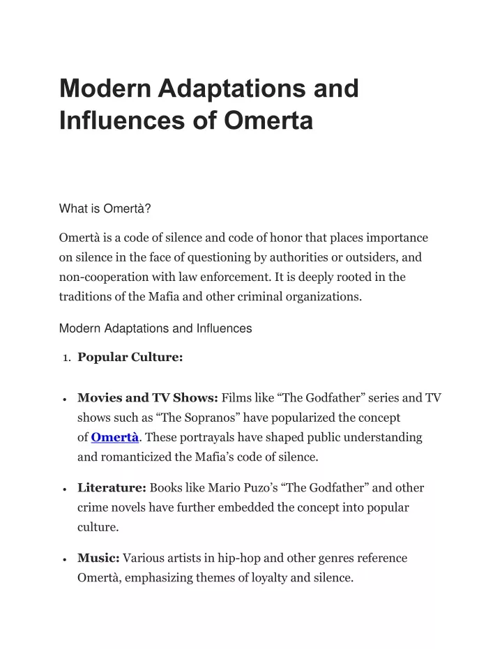 modern adaptations and influences of omerta