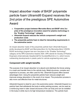 Impact absorber made of BASF polyamide particle foam Ultramid® Expand receives the 2nd prize of the prestigious SPE Auto