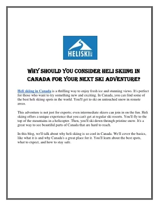 Why Should You Consider Heli Skiing in Canada for Your Next Ski Adventure?