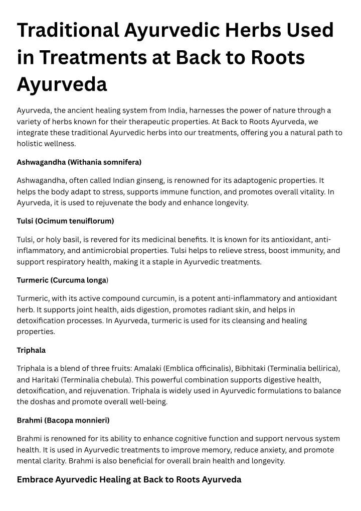 traditional ayurvedic herbs used in treatments