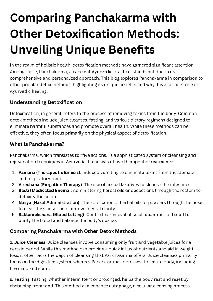 comparing panchakarma with other detoxification