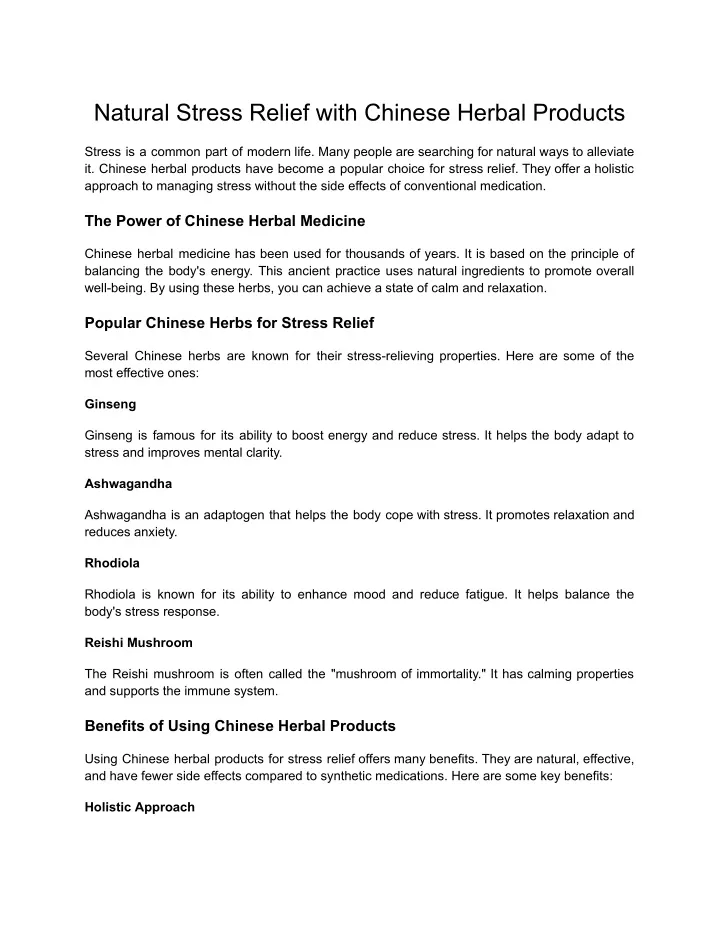 natural stress relief with chinese herbal products