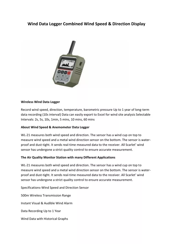 wind data logger combined wind speed direction