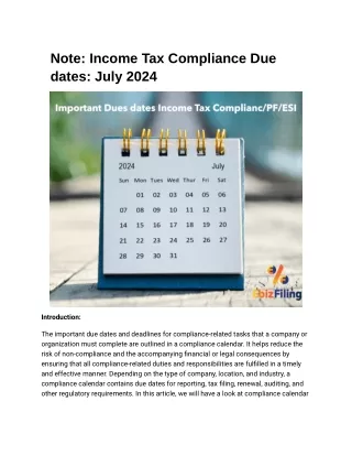 Note: Income Tax Compliance Due dates: July 2024